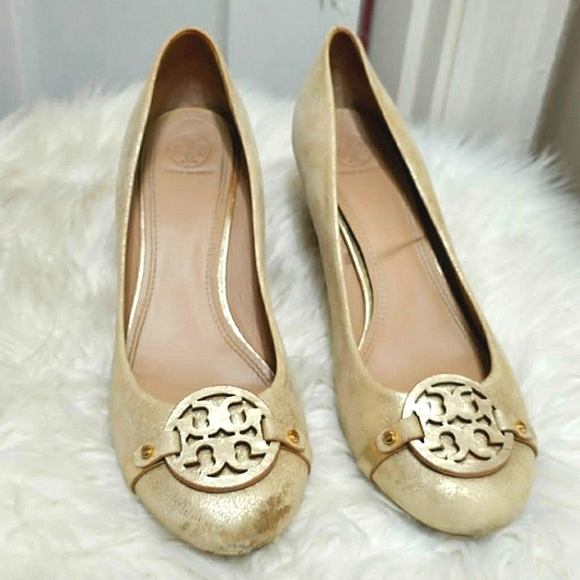 Tory Burch Gold Metallic Leather Wedge Pumps Heels Women's Size 10.5 M🌴 - Picture 1 of 10